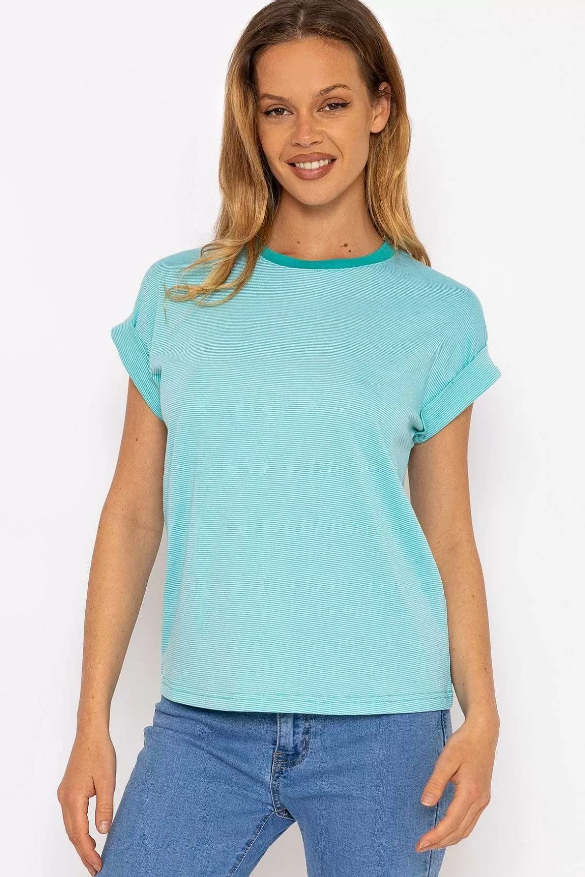 Kelly & Grace Weekend Stripe Tee In Aqua Blue Best