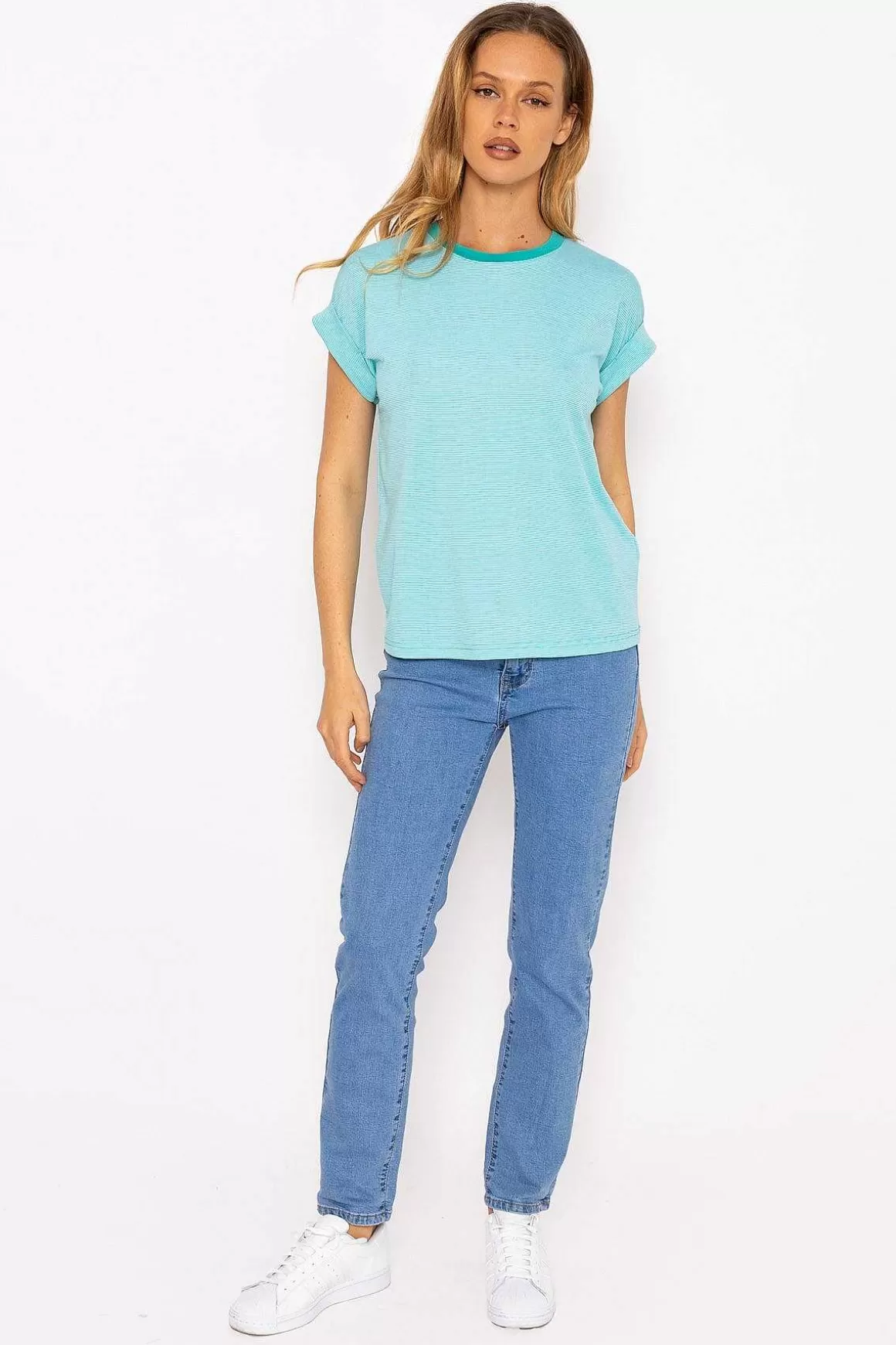 Kelly & Grace Weekend Stripe Tee In Aqua Blue Best