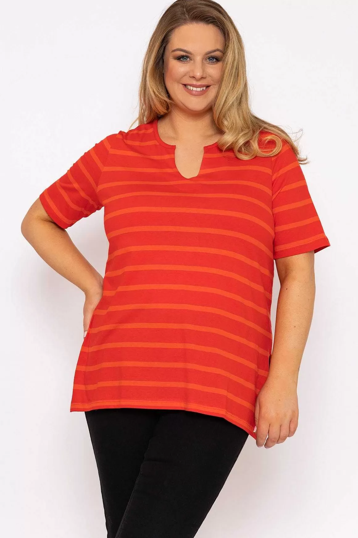 Ulla Popken Striped Oversize Short Sleeve Top In Red Best Sale