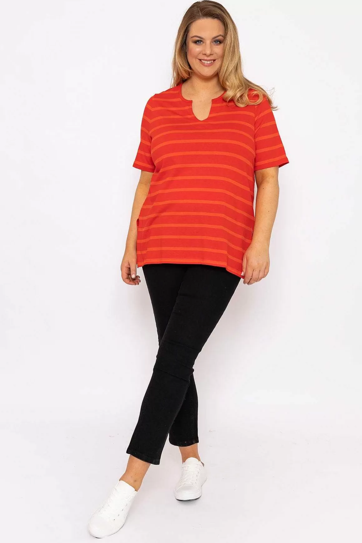 Ulla Popken Striped Oversize Short Sleeve Top In Red Best Sale