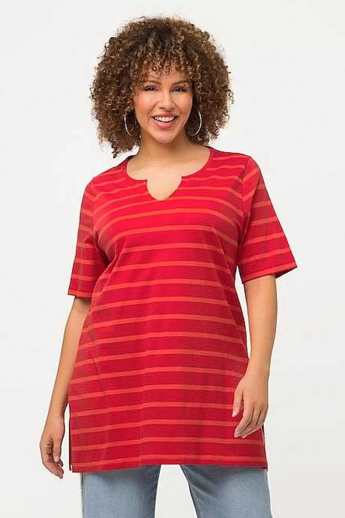 Ulla Popken Striped Oversize Short Sleeve Top In Red Best Sale