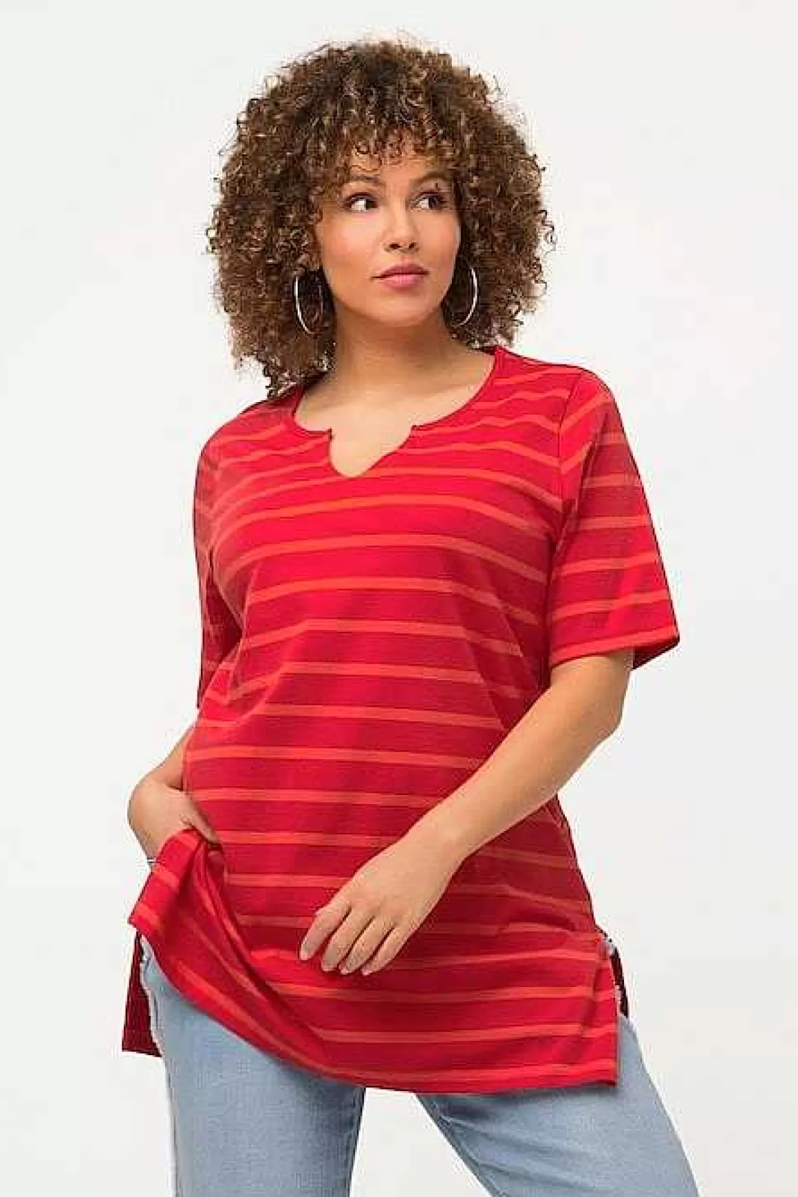 Ulla Popken Striped Oversize Short Sleeve Top In Red Best Sale
