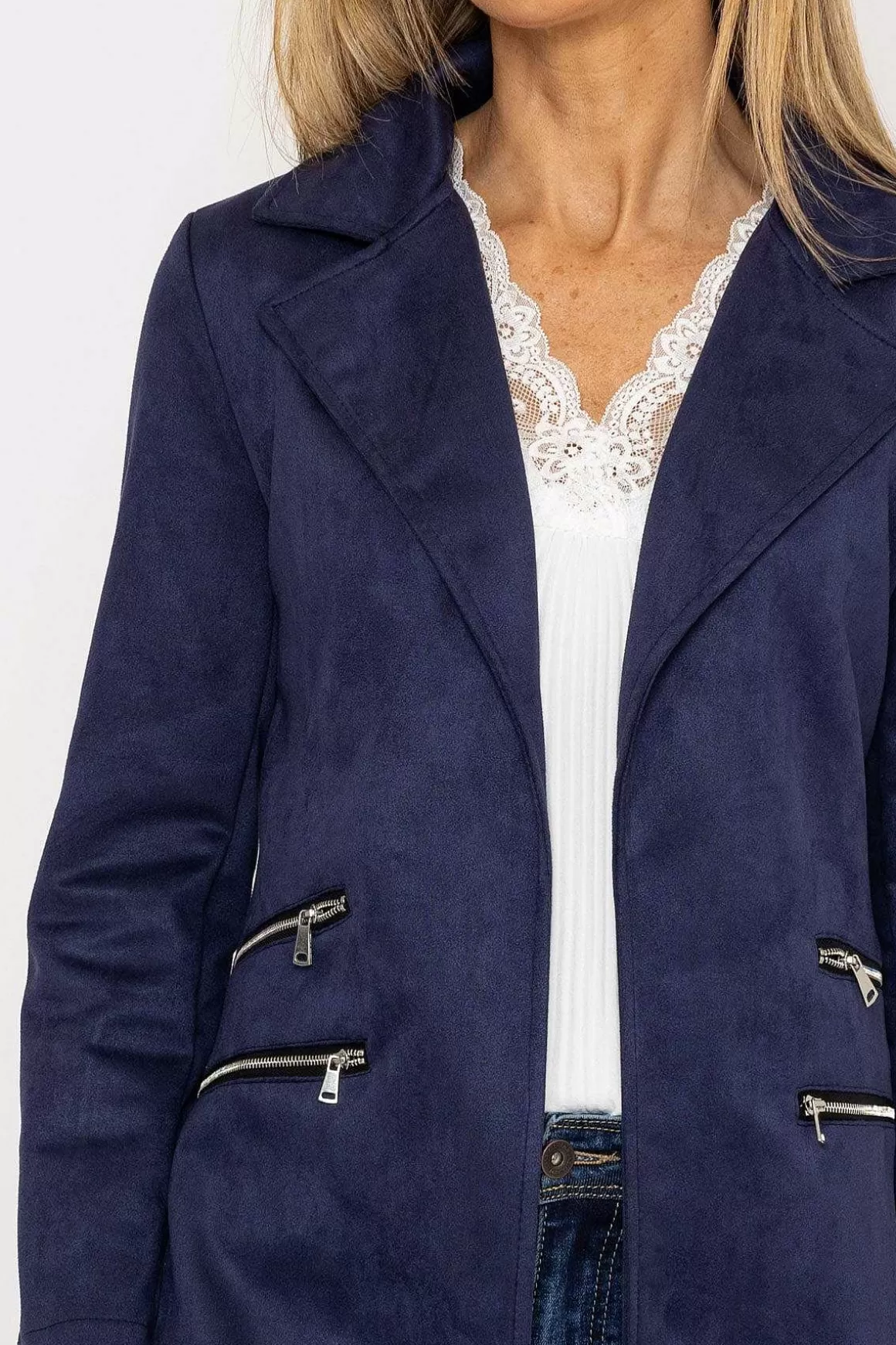 Pala D'oro Suede 3/4 Zip Detail Jacket In Navy Discount