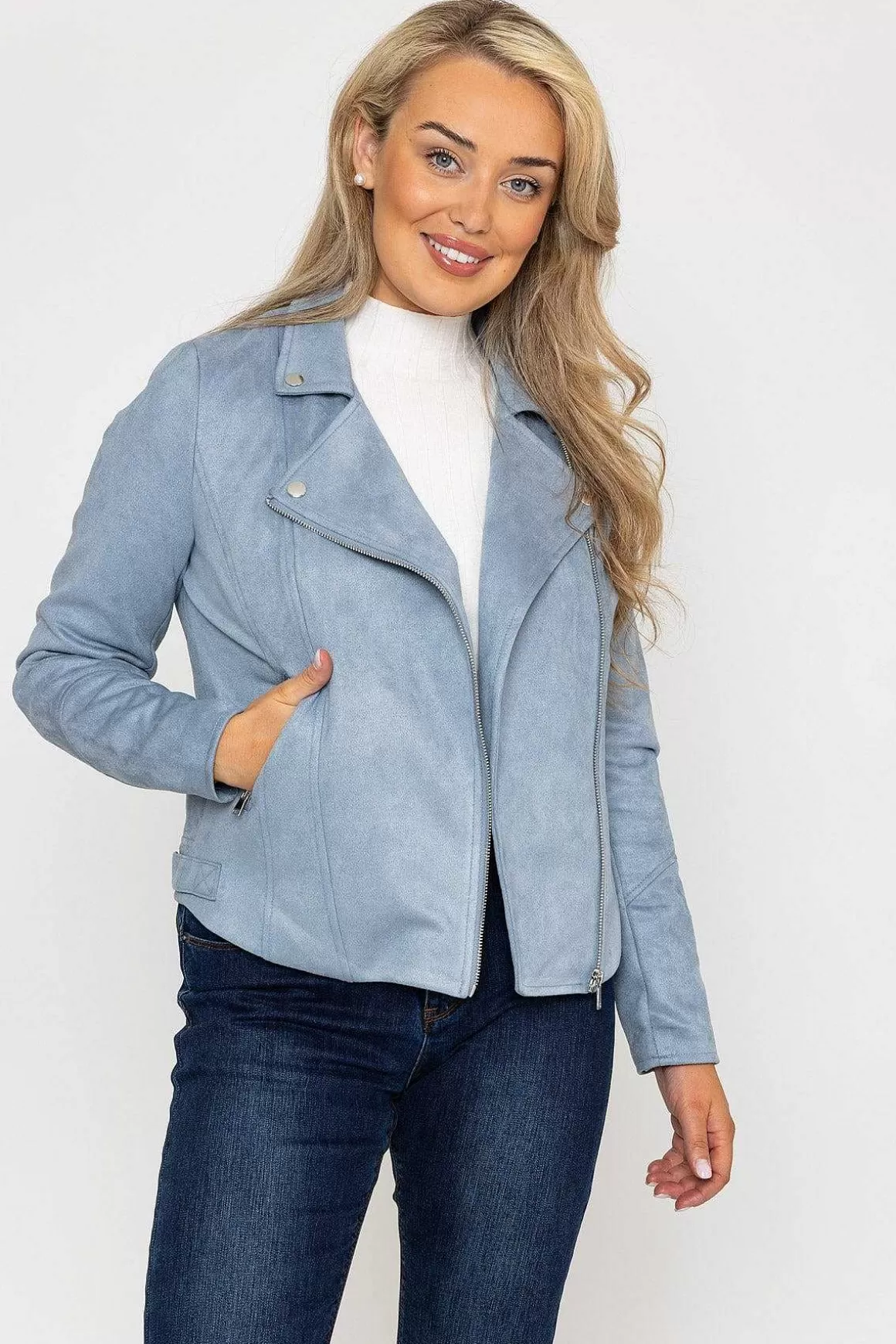 Rowen Avenue Suede Biker Jacket In Light Blue Store