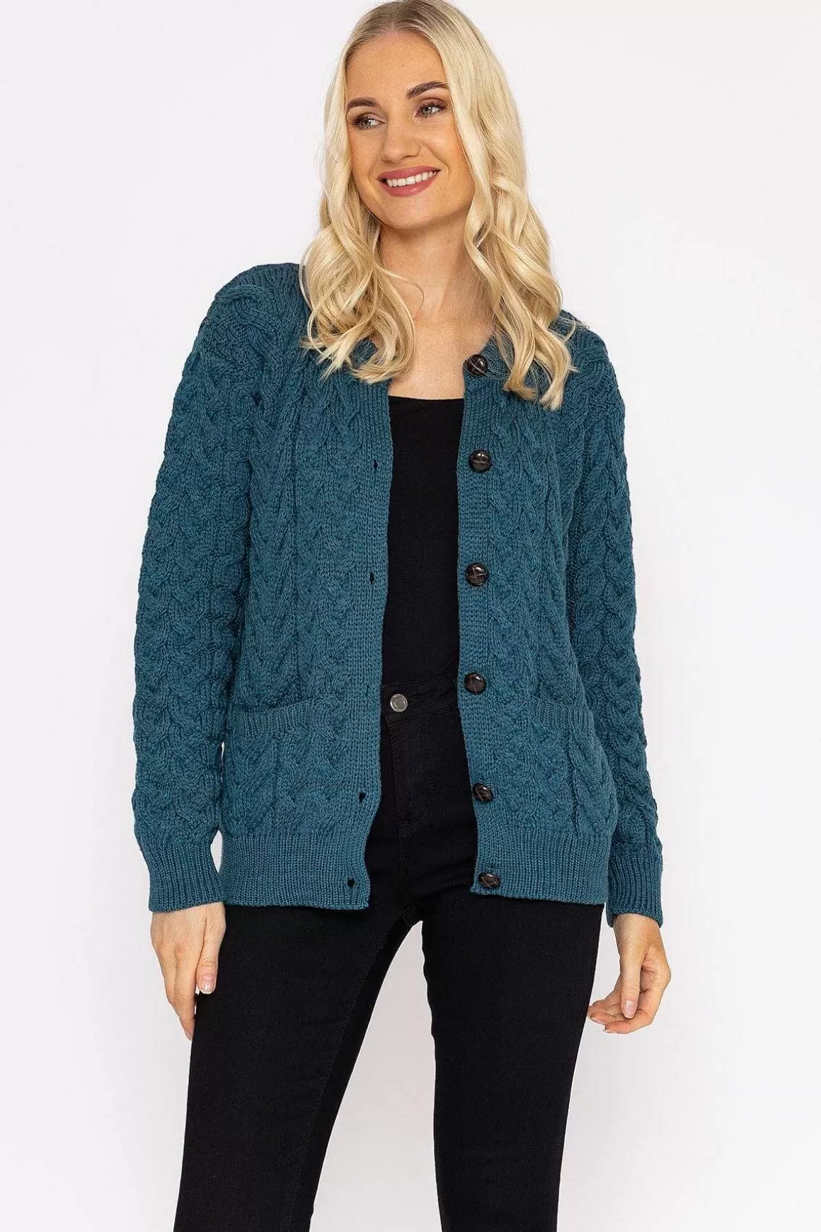 Aran Woollen Mills Super Soft Merino Wool Cardigan In Teal Cheap