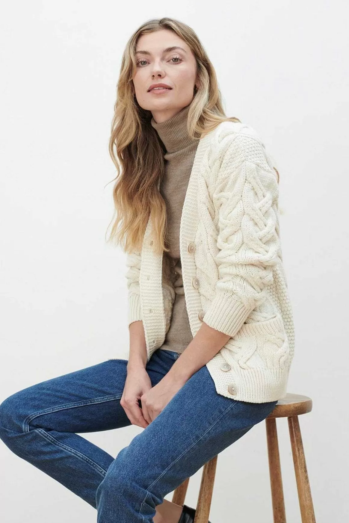 Aran Woollen Mills Super Soft Merino Wool V-Neck Cardigan In Cream Discount