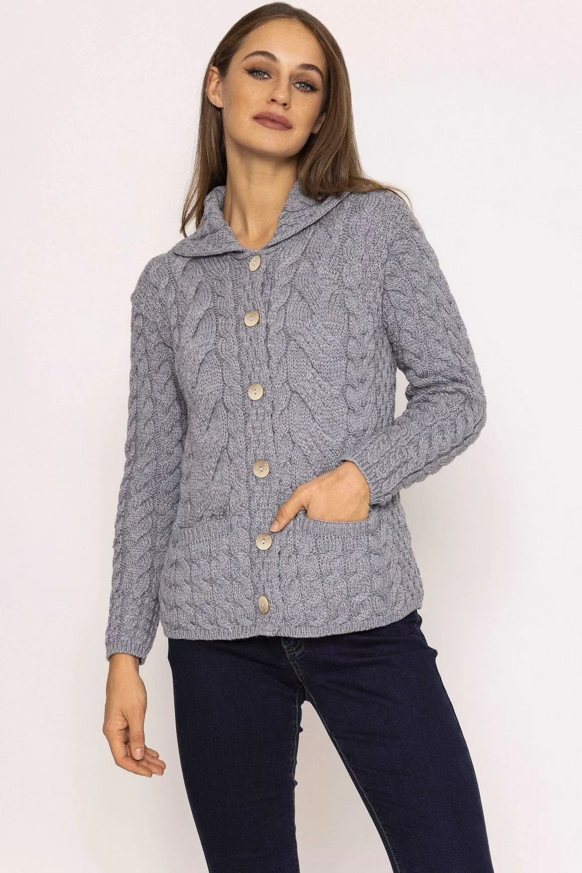 Aran Woollen Mills Supersoft Merino Wool Women'S Cardigan In Grey Cheap