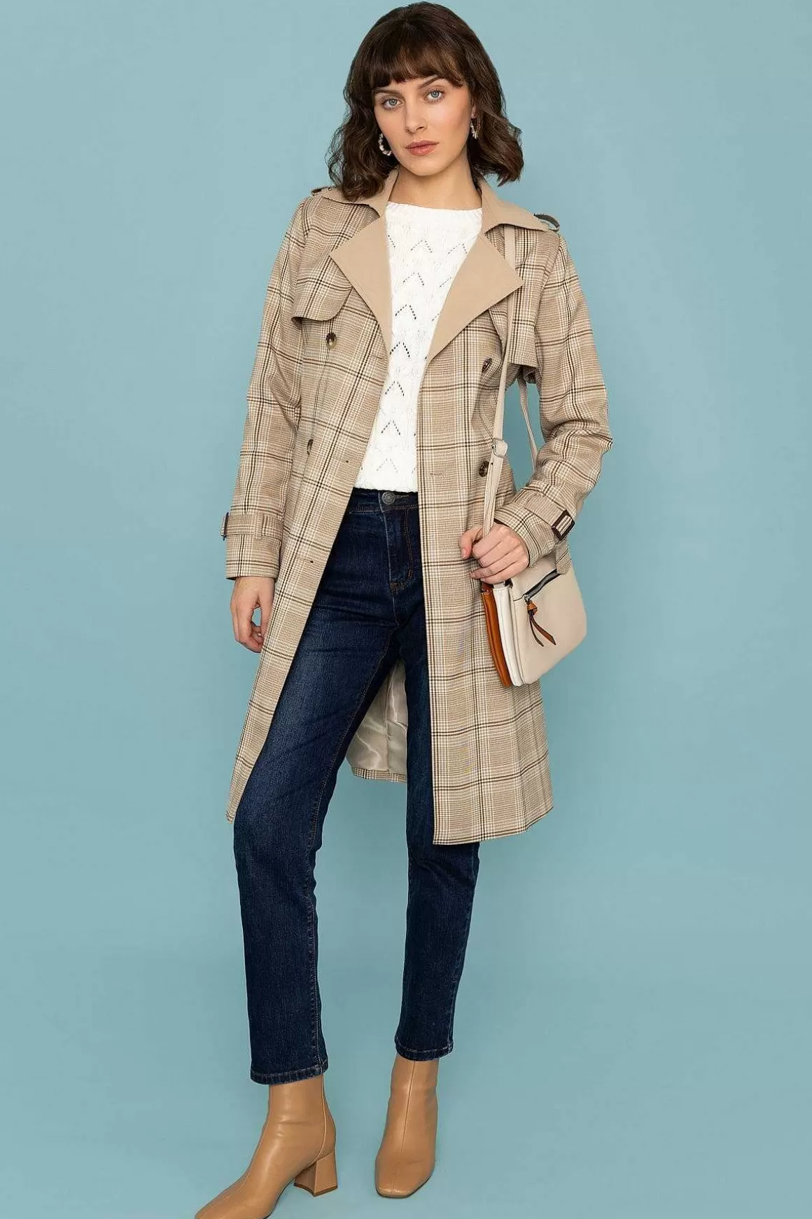 Rowen Avenue Tan Check Trench Coat Cheap