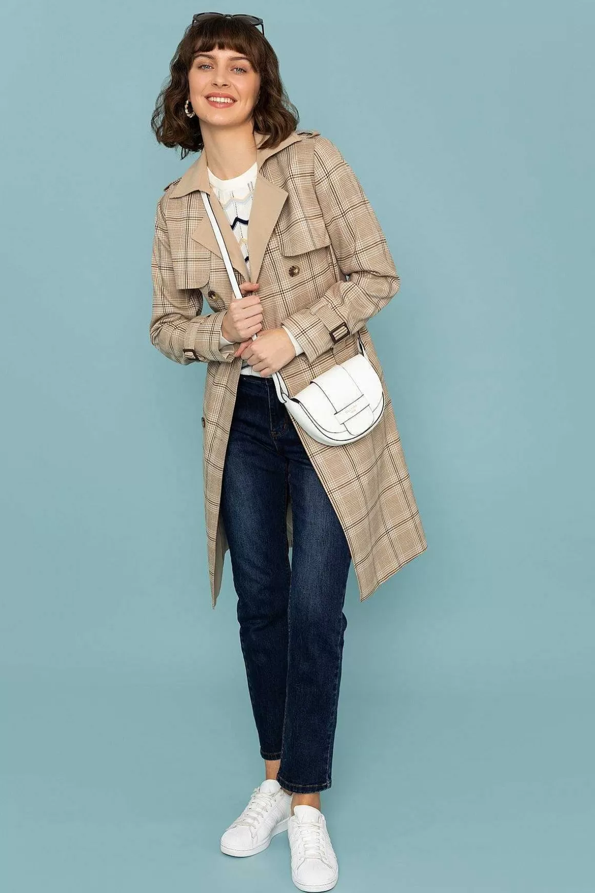 Rowen Avenue Tan Check Trench Coat Cheap