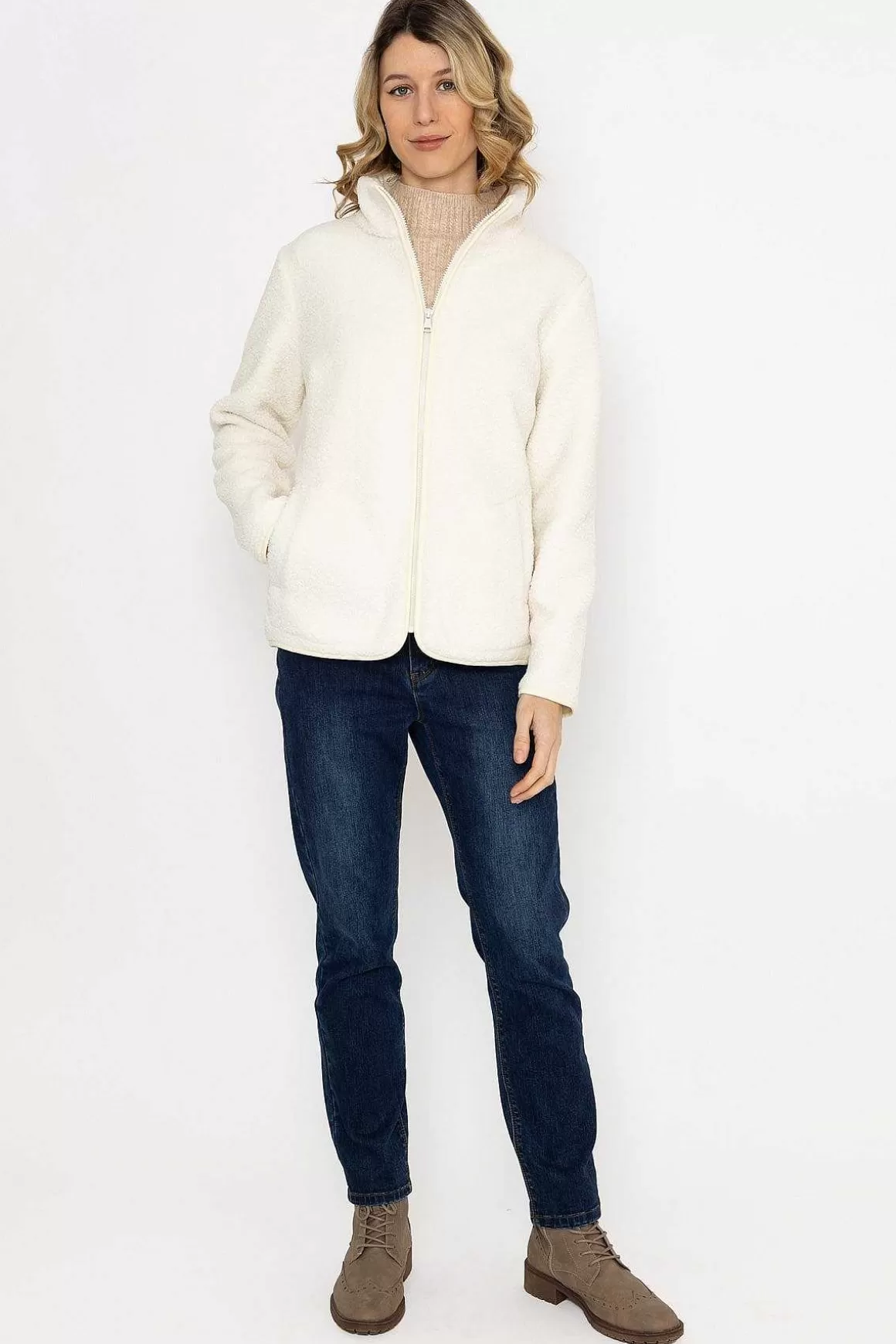 Kelly & Grace Weekend Teddy Full Zip Jacket In Ecru Store