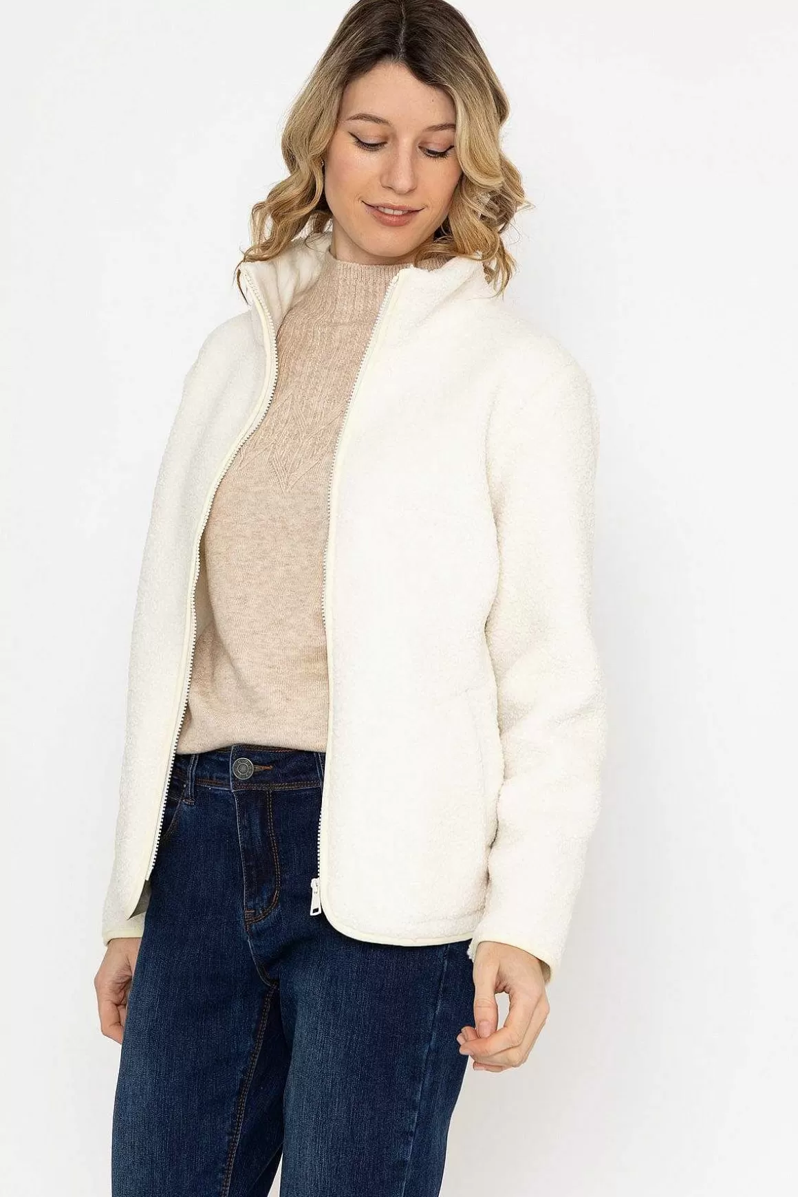 Kelly & Grace Weekend Teddy Full Zip Jacket In Ecru Store