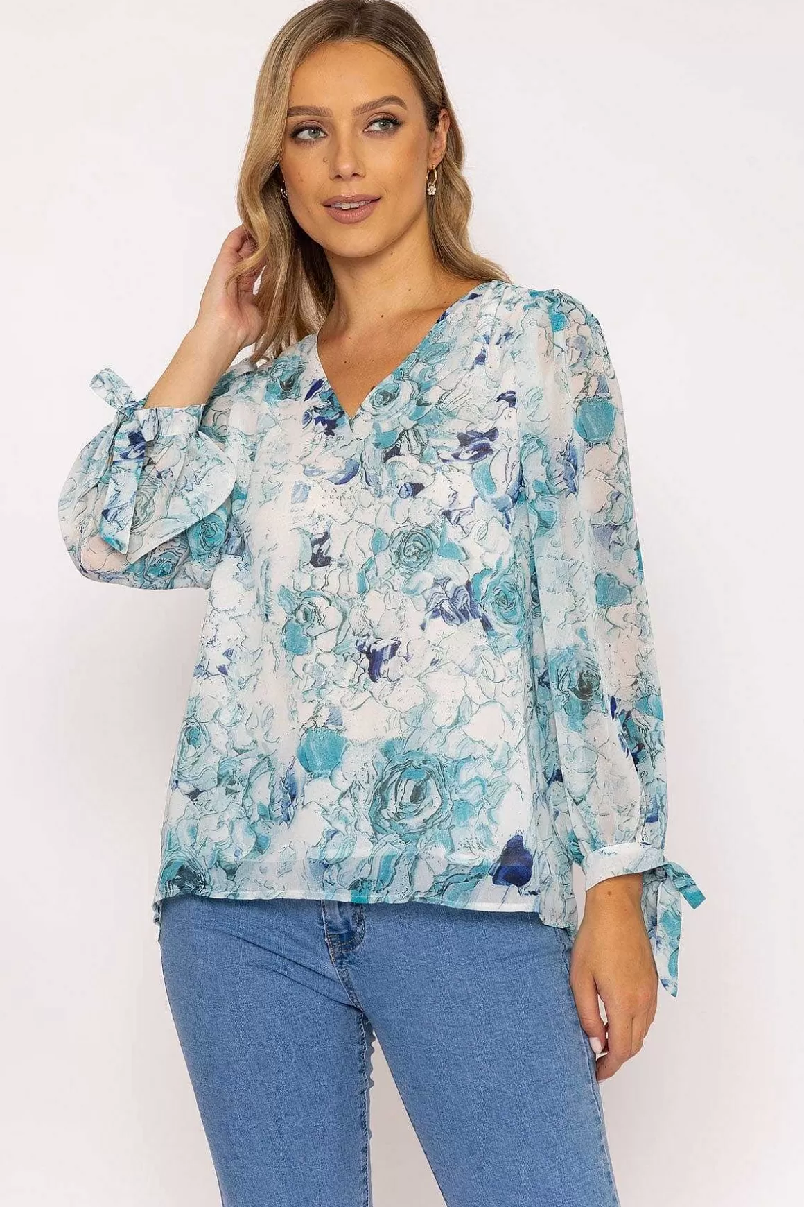 Rowen Avenue Tie Sleeve Blouse In Blue Print Flash Sale