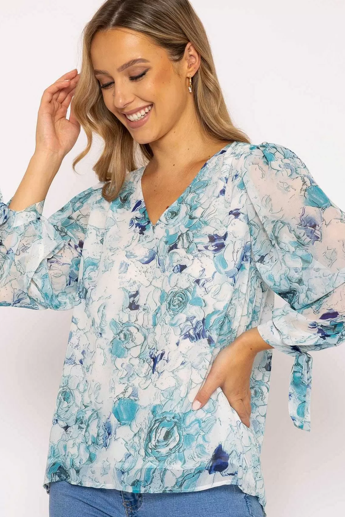 Rowen Avenue Tie Sleeve Blouse In Blue Print Flash Sale