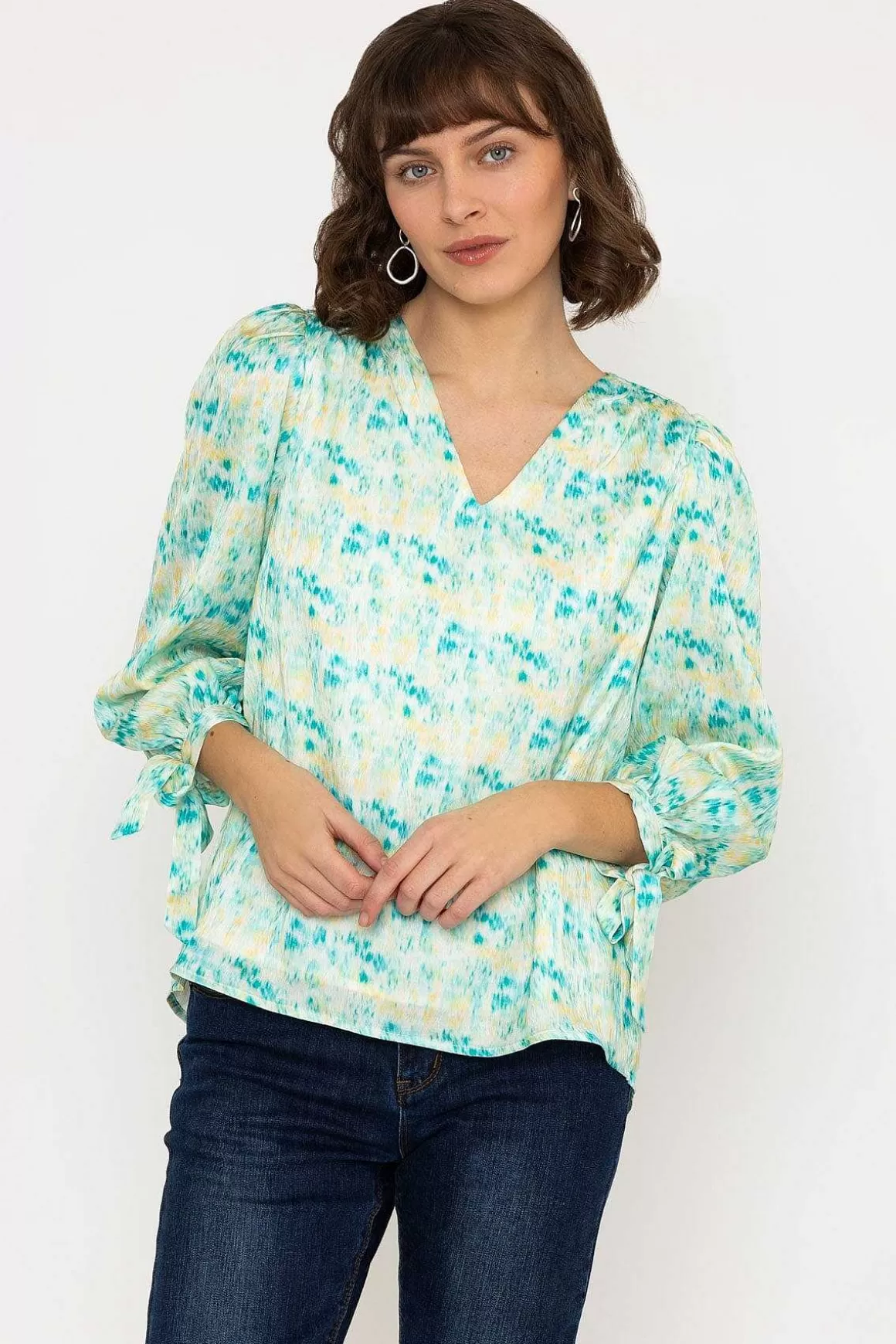 Rowen Avenue Tie Sleeve Top In Green Print Hot