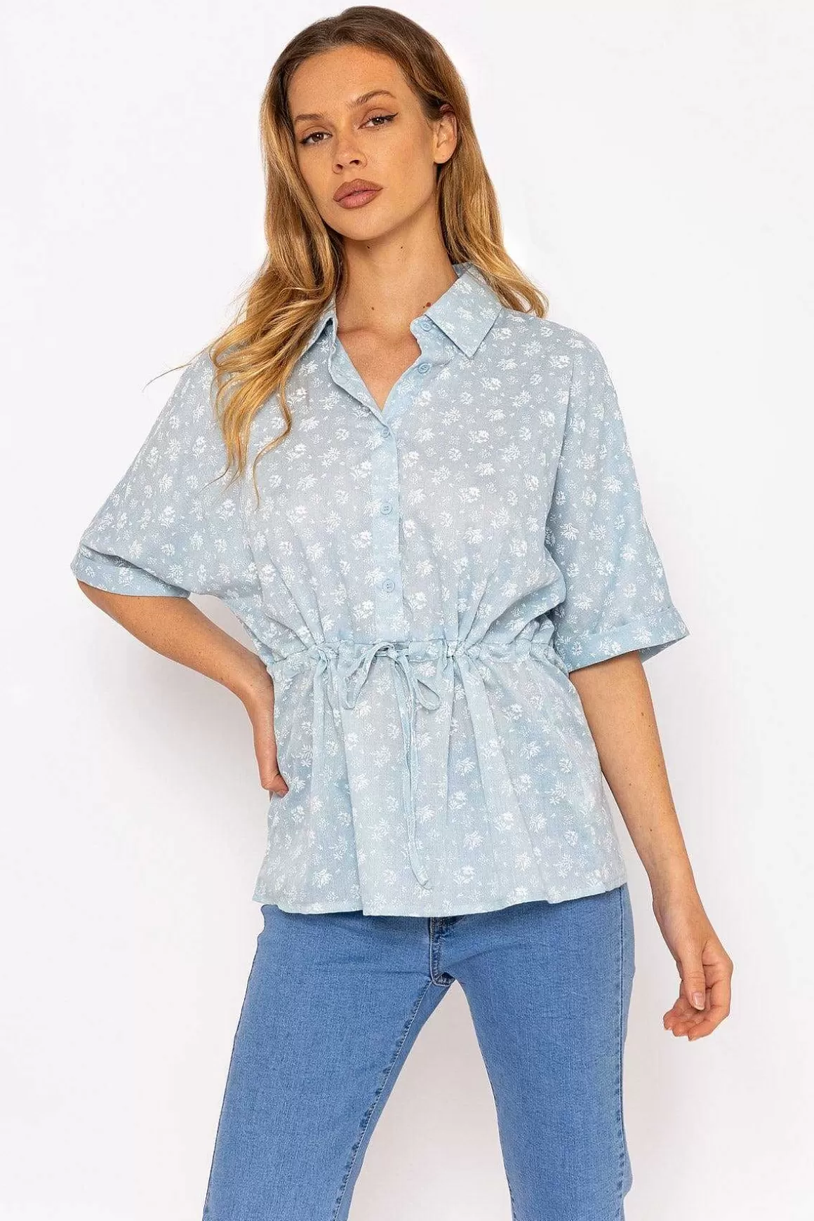 Rowen Avenue Tie Waist Blouse In Blue Clearance