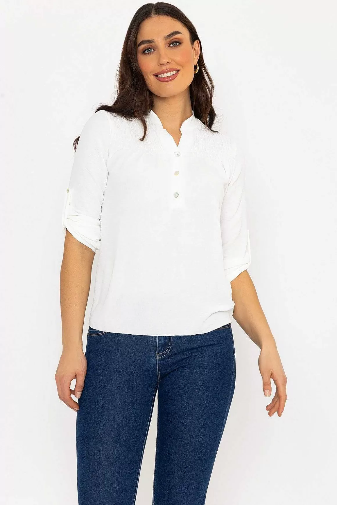 Pala D'oro Turn Up Sleeve Top In Ecru New