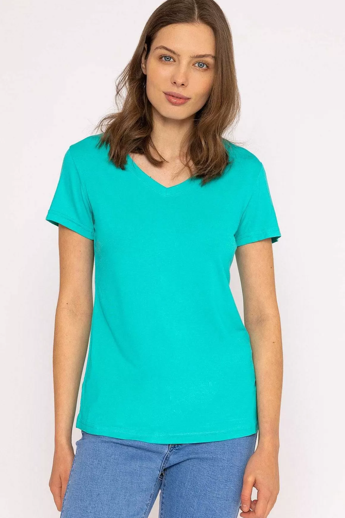 Kelly & Grace Weekend V Neck Tee In Aqua Hot