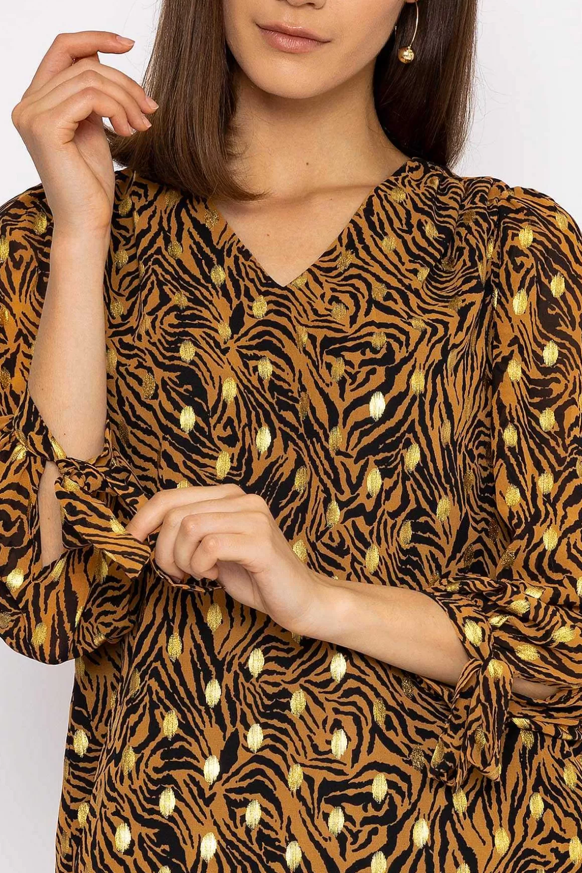 Rowen Avenue V Neck Tie Sleeve Top In Gold Animal Print Hot