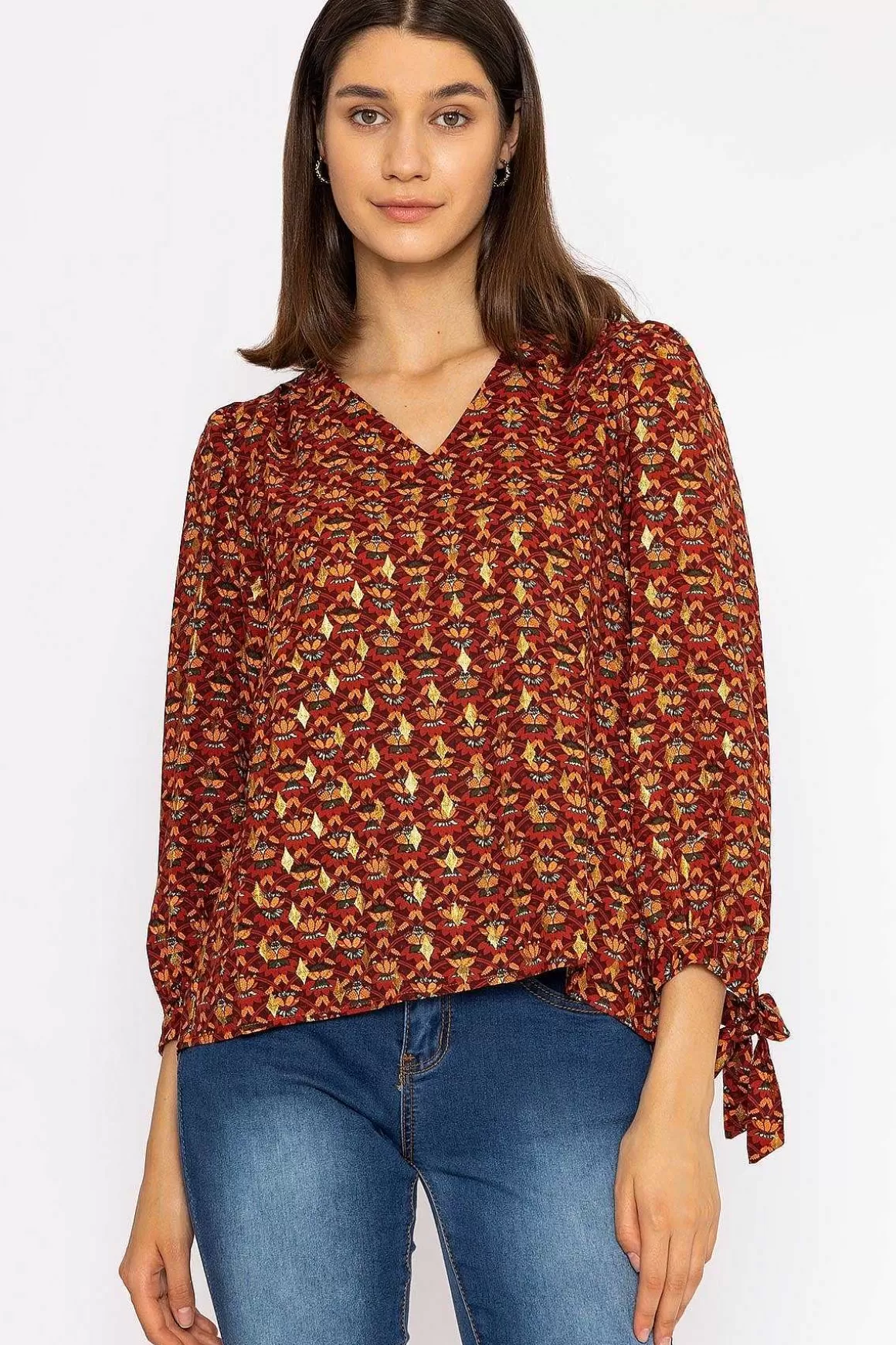 Rowen Avenue V Neck Tie Sleeve Top In Multi Print Shop