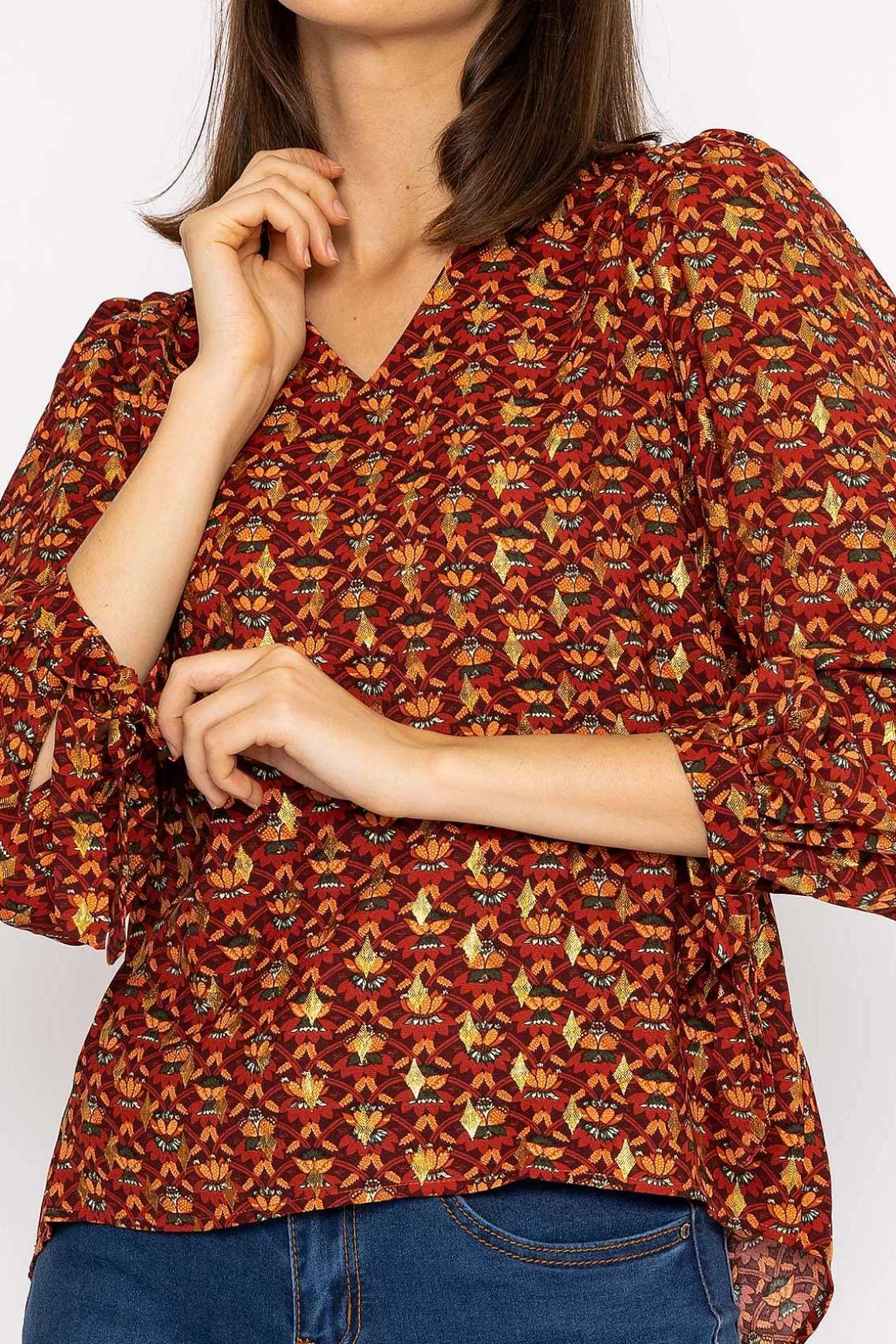 Rowen Avenue V Neck Tie Sleeve Top In Multi Print Shop