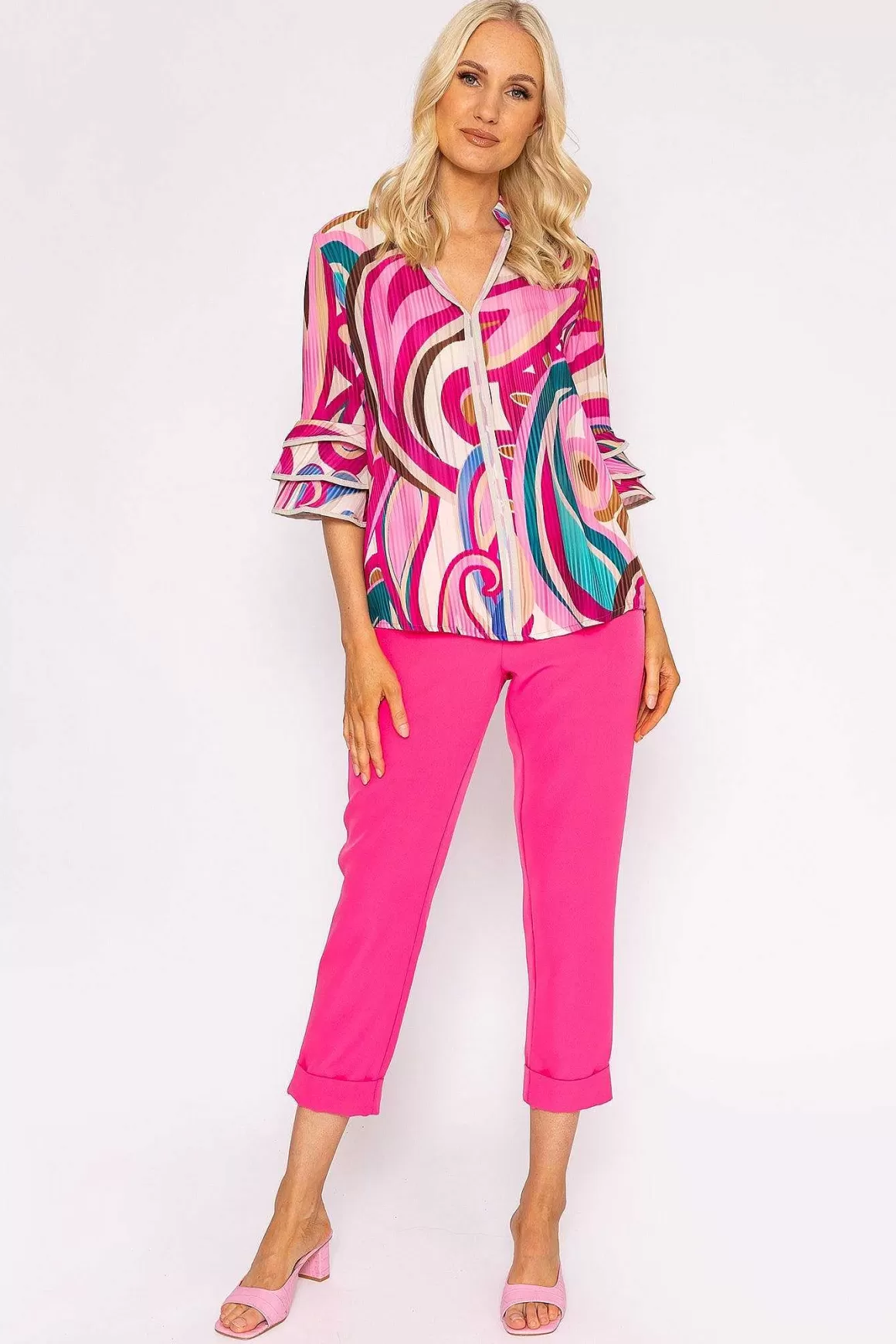 Pala D'oro V-Neck Frill Sleeve Top In Pink Paisley New