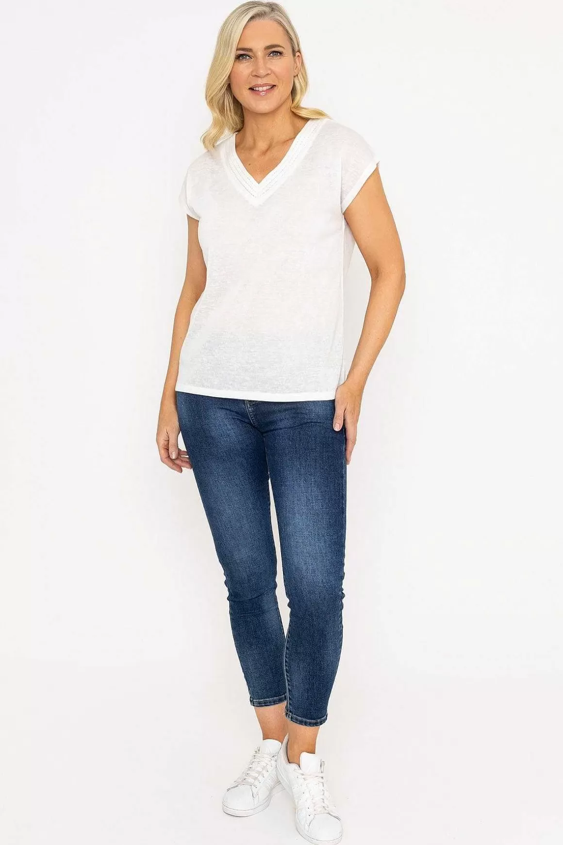 Voulez Vous V-Neck Slub Top With Neck Details In Ecru Cheap