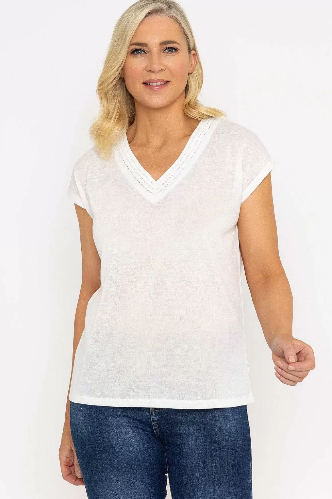 Voulez Vous V-Neck Slub Top With Neck Details In Ecru Cheap