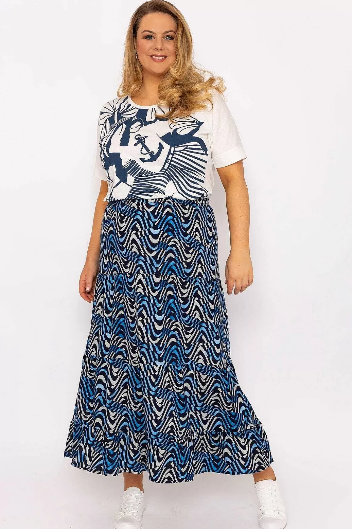 Ulla Popken Wave Print Long Skirt In Navy Clearance