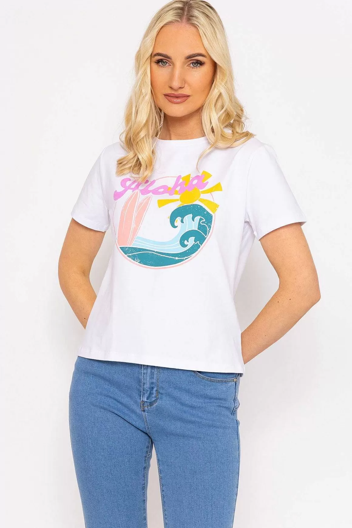 Kelly & Grace Weekend White Aloha Cotton T-Shirt Cheap