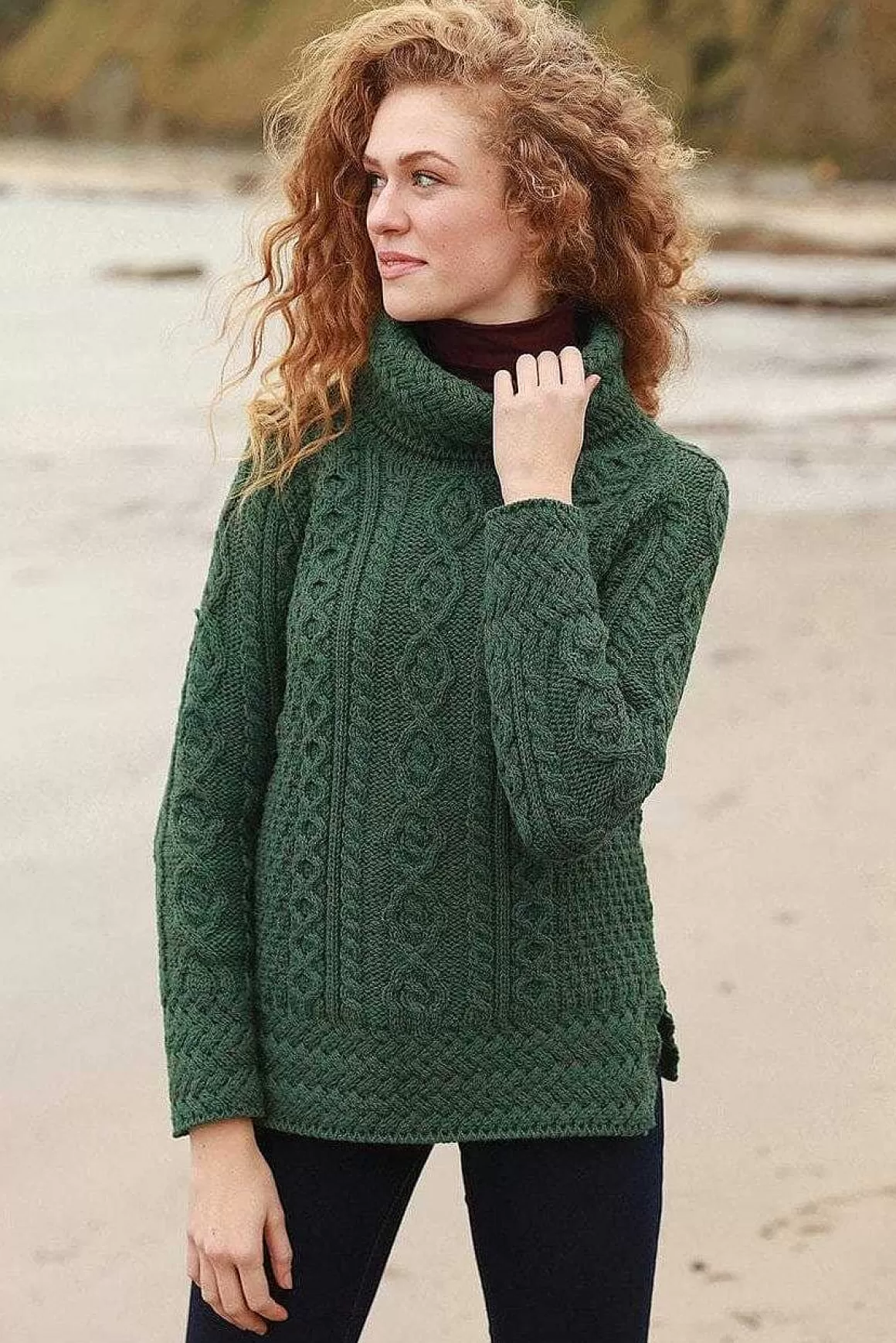 Aran Woollen Mills Women'S Merino Wool Cowl Neck Sweater In Green Cheap