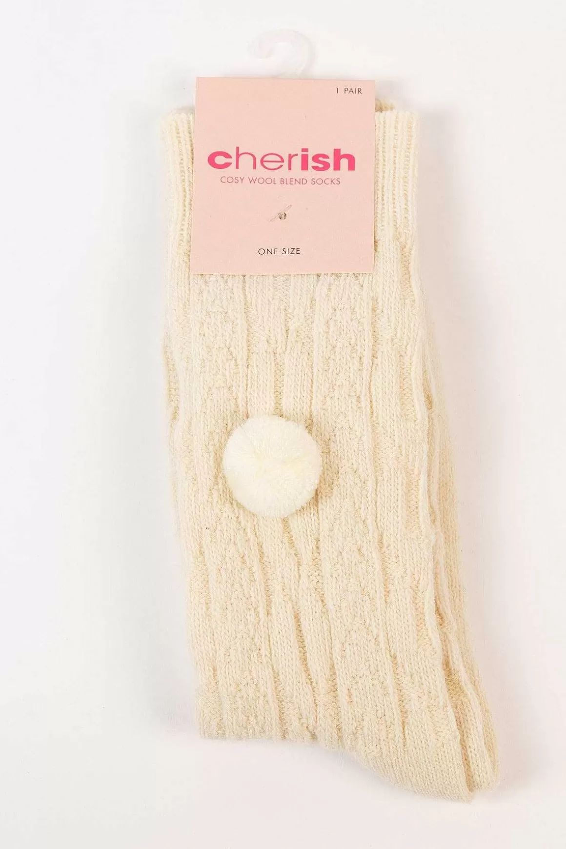 Cherish Accessories Wool Blend Pom Pom Socks In Cream Clearance