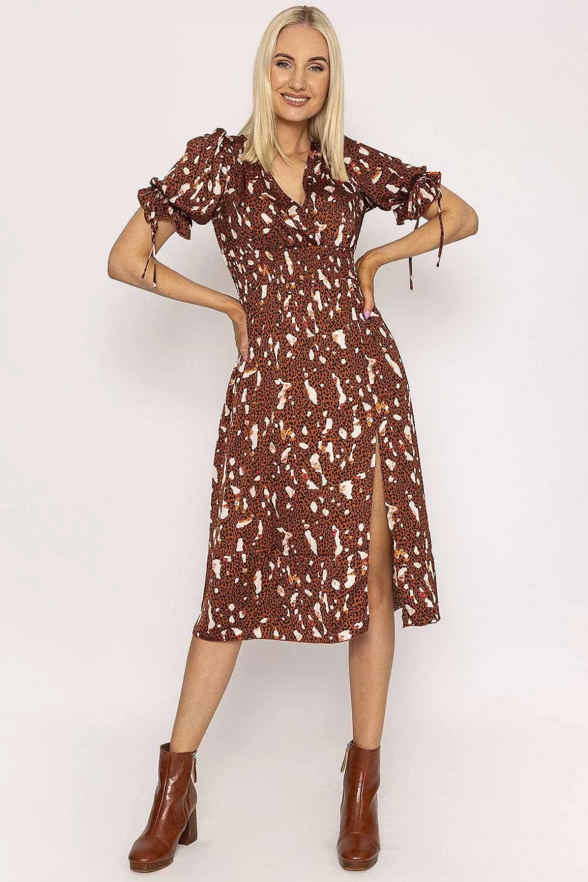 Little Mistress Wrap Midi Dress In Brown Shop